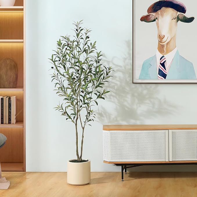 LOMANTO Artificial Olive Trees, 5 ft Tall Fake Olive Trees for Indoor | Faux Olive Silk Tree with White Planter,Large Olive Plants for Home Decor and Housewarming Gift, 1 Pack