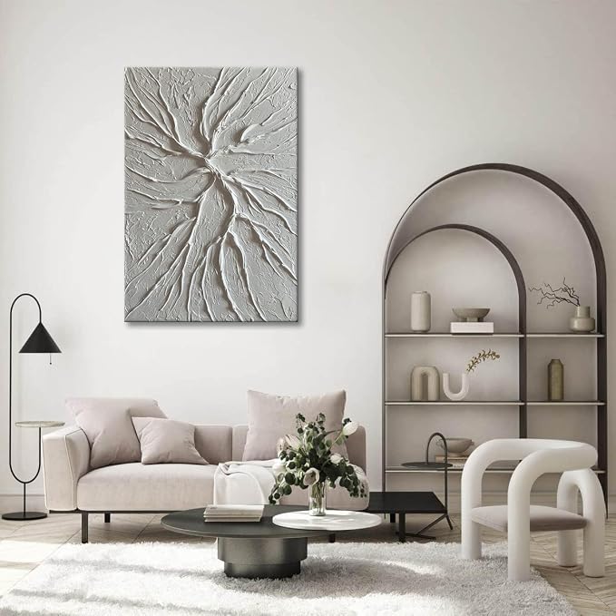 zoinart White Textured Wall Art Pure White Abstract Modern Concrete Canvas Paintings Hand Painted 3D Contemporary Art, Minimalist Wall Art 24x36 inch