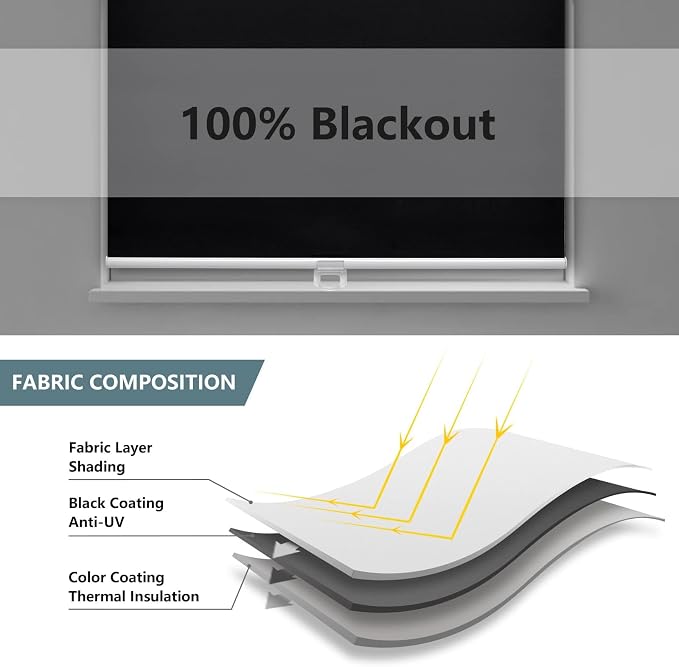 Cordless Roller Shades Blackout Blinds for Windows Room Darkening Rolled Up Shades with Spring System, UV Protection Window Shades Door Blinds for Home and Office (22" W x 72" H, Black)