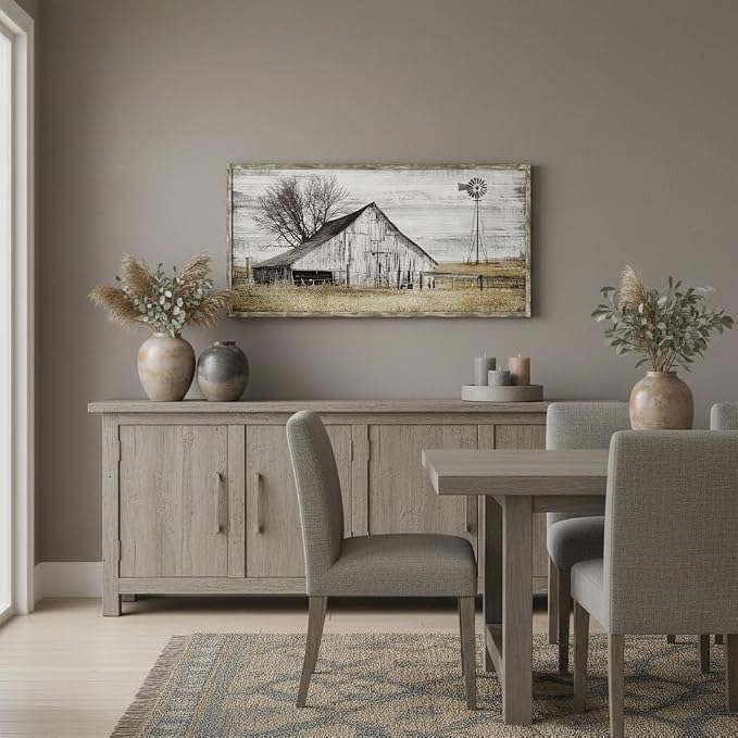 Barn Framed Wall Art Farmhouse: Rustic Farm Wood Picture Decor Large Windmill Country Scene Painting Horizontal Nature Landscape Artwork Panoramic Countryside View Print for Home Living Room Bedroom