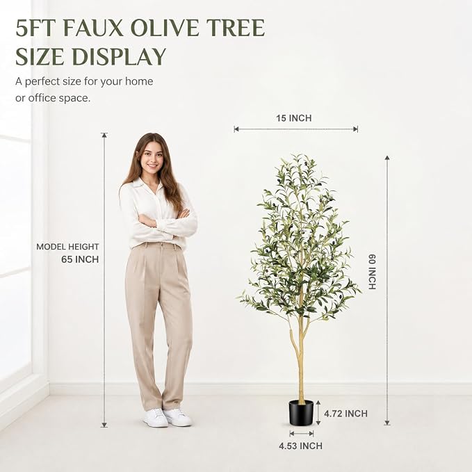 FEELEAD 5ft Faux Olive Tree, Artificial Olive Tree Indoor for Home Decor | Realistic Olive Tree with Lifelike Leaves and Natural-Looking Trunk, Fake Olive Trees Artificial Indoor for Home Office Decor