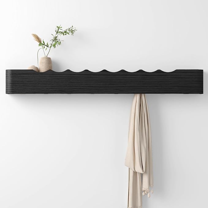 Coat Rack Wall Mount with Hidden Hooks, Wall Hooks with Shelf, Wall Key Holder Mount Wooden Shelf Entryway Hooks for Bedroom Bathroom for Hanging Coats Hats Bags Towels (Black Wave-Shape, 8 Hooks)