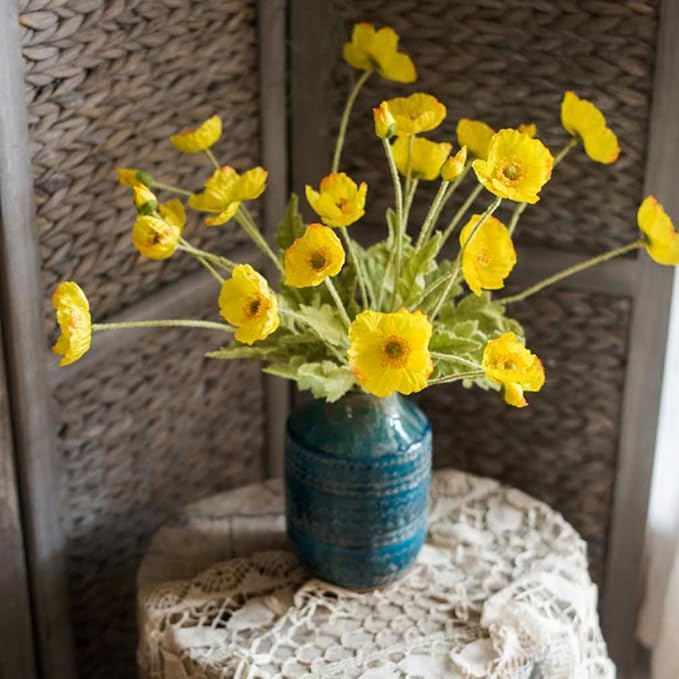 DUYONE Artificial Flowers 6 Stems Poppy Silk Bouquet,for Wedding, Home, Party Decoration,Table Centerpiece Arrangement(Yellow)