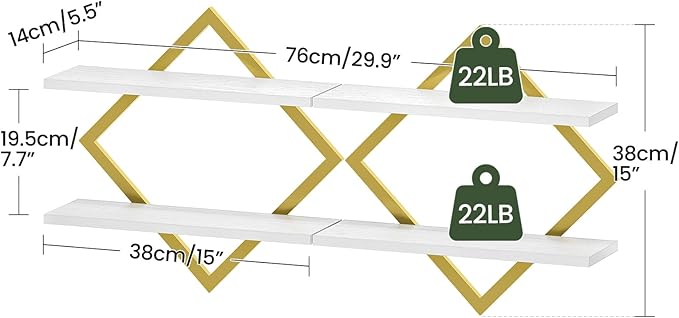 CHOEZON Floating Shelves for Wall, Set of 2 Wall Mounted Shelves, 2-Tier Hanging Shelves, for Living Room, Bedroom, Kitchen, Office, Study, Gold and White TBJ01P2JW