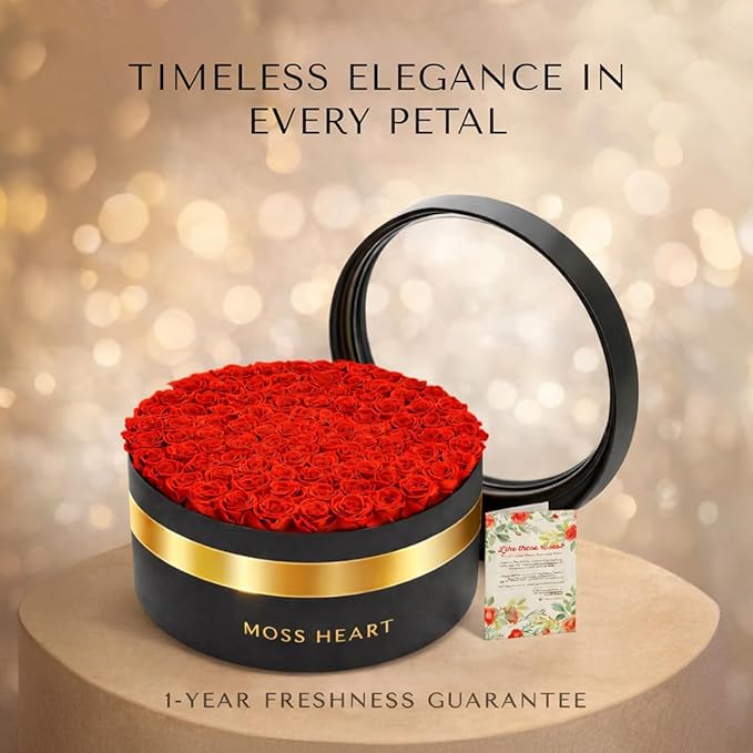 100 Petite Preserved Roses, Large Round Shaped Box, Real Forever Roses Last 1+ Year, Romantic Gift for Women, Wife, Girlfriend, Mother’s Day, Birthday, Anniversary, Valentine’s Day