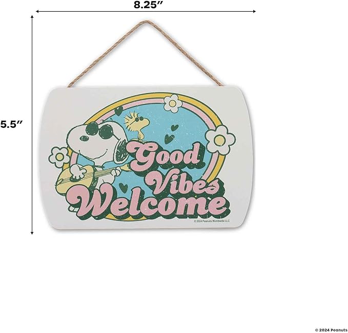 Peanuts Snoopy Good Vibes Welcome Hanging Wood Wall Decor - Fun Snoopy Sign for Home, School or Office
