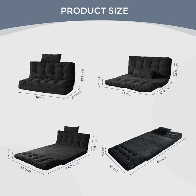 MAXYOYO Folding Sofa Bed, Tufted Bean Bag Bed with Pillows Floor Couch for Adults, Extra Thick and Long Floor Sofa, Twin Couch for Bedroom Living Room, Black, 39x91 Inch