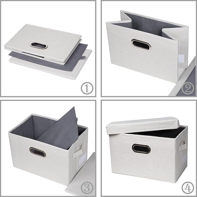PRANDOM Large Collapsible Storage Containers with Lids [5-Pack] Fabric Foldable Storage Bins Boxes Organizer Baskets Cube with Cover for Home Bedroom Closet Office Beige(17.3x11.8x11.8)