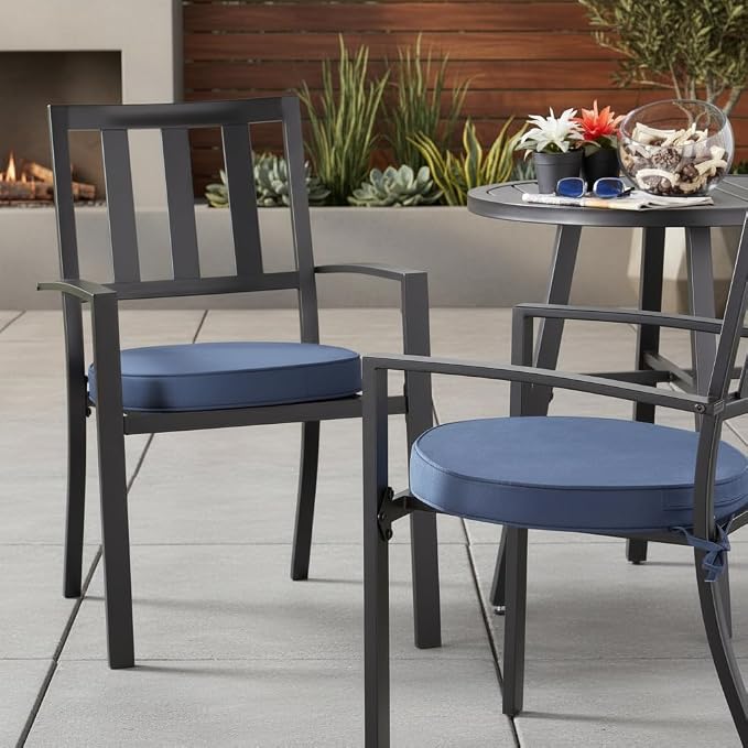 Set of 2 Outdoor 18 inch Round Patio Dining Chair Pads – Comfortable Fiber-Filled Seat Cushions with Ties, Reversible Polyester Fabric, Navy