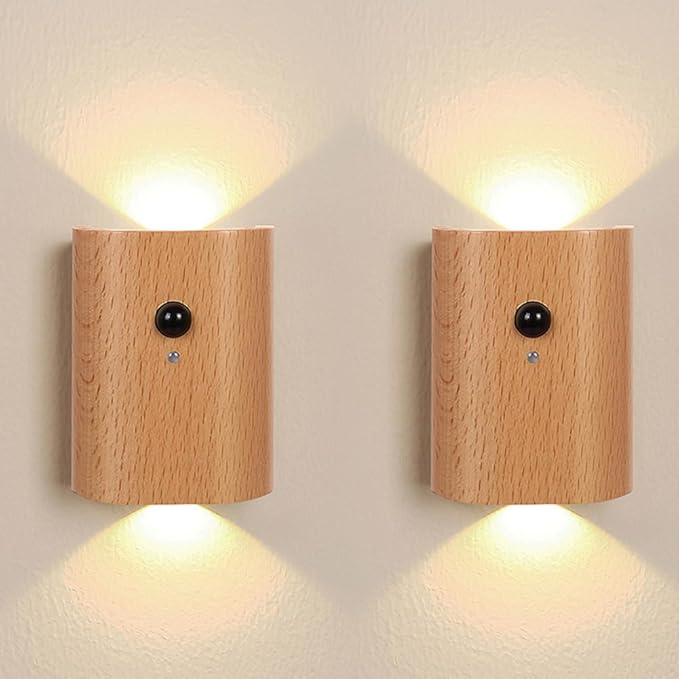 LANDGOO 2-Pack Wood Step Light with Motion Sensor, Rechargeable Stair Night Light Set, Beech Wood 2700K Warm White LED Wall Lamps, Easy No-Wire Installation for Hallway Bedroom Staircase