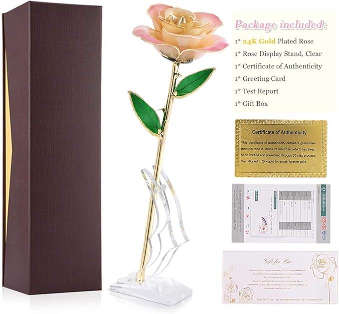 Ejoyous 24K Gold Rose, Forever Preserved Real Rose Lover Mom Wife Daughter Girl Friend, Unique Present on Mother's Day, Wedding Anniversary, Birthday, Proposal, Reward (White