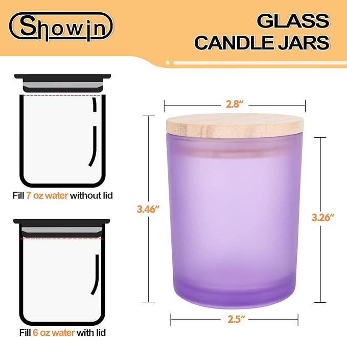SHOWIN Thick Candle Jars for Making Candles 12 Pcs, 7 OZ Empty Jars with Wood Lids for Candle Making, Sample Container, Frosted Purple