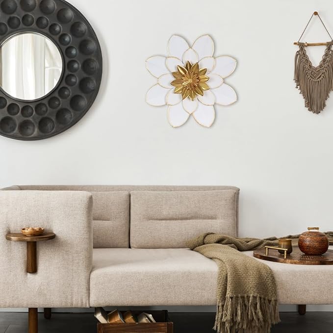hogardeck Metal Flower Wall Decor, 16" White Gold Floral Metal Wall Art for Indoor Outdoor, Boho Farmhouse Modern Wall Decor for Bathroom, Living Room, Kitchen, Bedroom, Porch, Garden, Yard