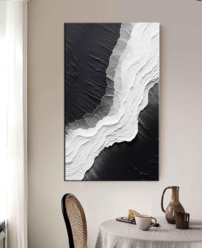 YaSheng Art - Hand-Painted Thick Texture Abstract Oil Painting sea wave Black and White Wall Art Minimalist modern Art Paintings Home Living room Room Dining Room Bedroom Wall Decorative Art Oil Painting 24x48inch
