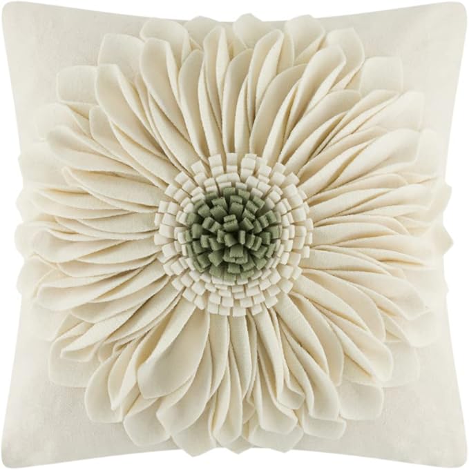 OiseauVoler 3D Sunflower Handmade Throw Pillow Covers Decorative Floral Pillowcases Cushion Covers for Couch Living Room Home Decor Creamy White 18x18 Inches