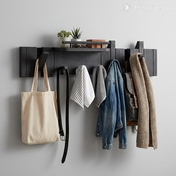 Mid Century Modern Walnut Foldable Entryway Wall Coat Hanger Hook with Shelf,Heavy Duty Wooden Piano Hidden Towel Hooks for Bathroom,Wall Rack for Purse&Key&Mail,Home Decor (Black, 7 Hooks)