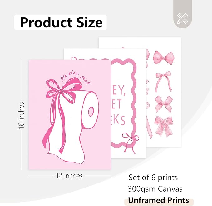 Pink Bow Bathroom Wall Art Decor Girl Coquette Posters Preppy Cute Pictures | Girly Bathroom Canvas Wall Art Pink Bowknot Aesthetic Poster Toilet Paper Prints for Washroom Restroom 12x16x6 Inch Unframed