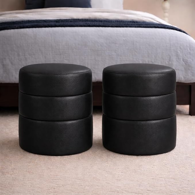 HomePop Upholstered Faux Leather Round Ottoman (No Lid, Seat Only) | HomePop Home Décor | Round Pouf Foot Rest – Black Faux Leather