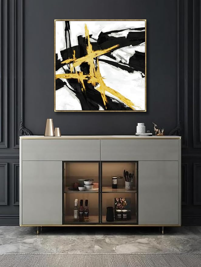Sofoney Gold Framed Black & Gold Abstract Wall Art, 24"x24" | Hand Painted Texture, Gold Foil, Modern Brushstroke Canvas, For Living Room Bedroom Office