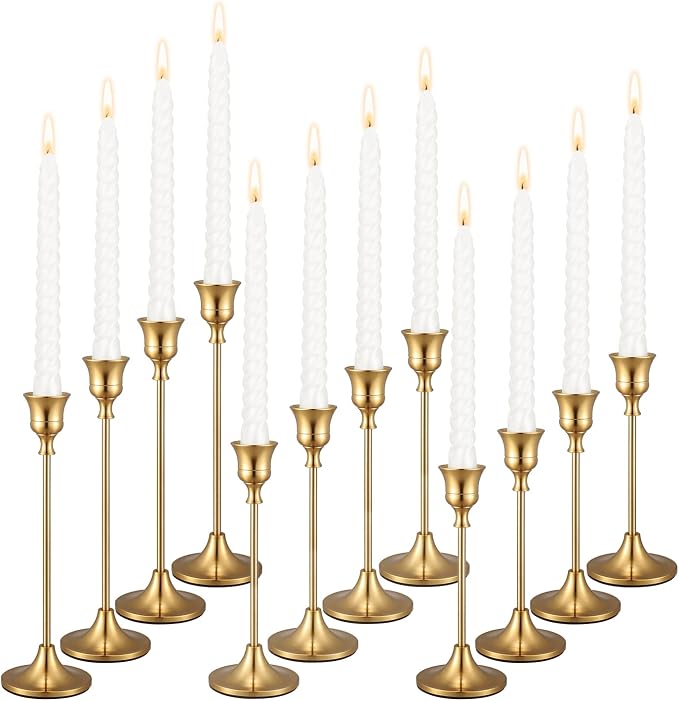 Brass Gold Taper Candle Stick Holders Set of 12, Wedding Table Decor | Aluminum Alloy, Brushed Plating, Rust Proof, Non-Slip Base, 12 Pcs 3 Sizes, Fits 0.75" Taper LED Candles, Easy Assemble, Gift