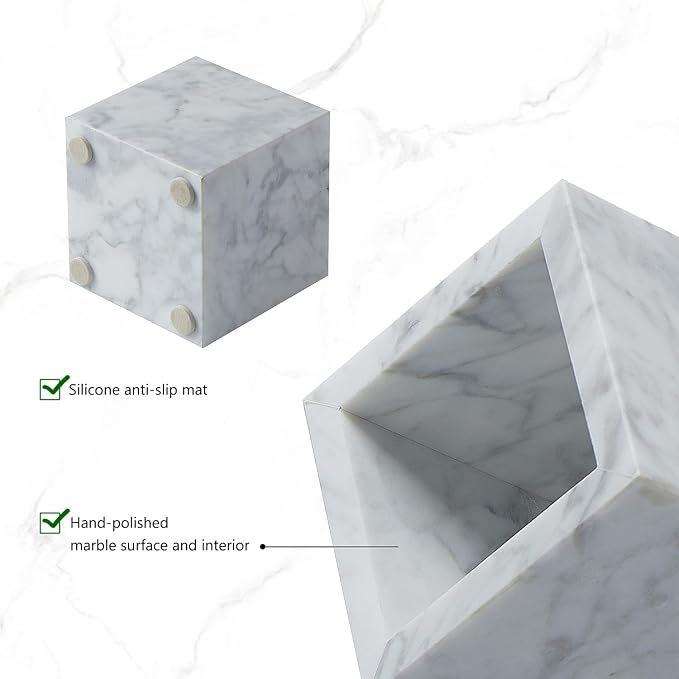 Real Luxurious Natural Marble Toothbrush Holder & Makeup Brush Organizer & Pen Holder for Desk,3.93inch Square Marble Utensil Holder Non-Ceramic/Non-Resin （White）