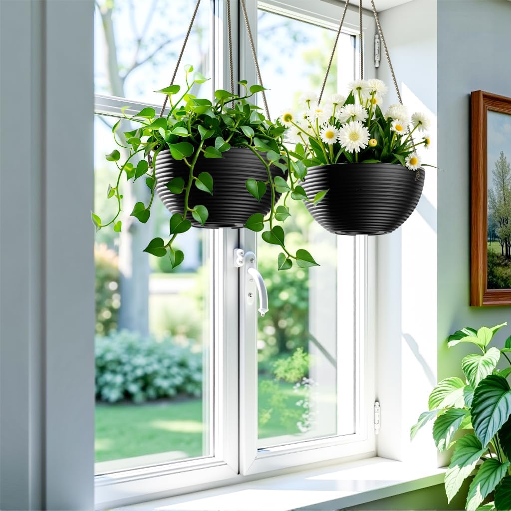Line Pattern 10 Inch Hanging Planter for Indoor Outdoor Plants, 2 Pack Round Hanging Pots for Plants (Black)