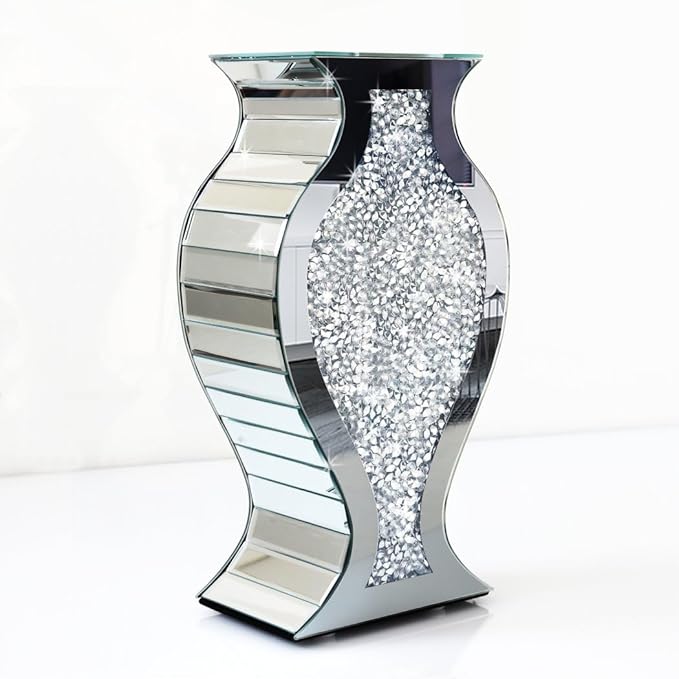 ALLARTONLY Crushed Diamond Mirror Vase Crystal Silver Glass Stunning Decorative Vase Flower Luxury for Home Décor. Can’t Hold Water.