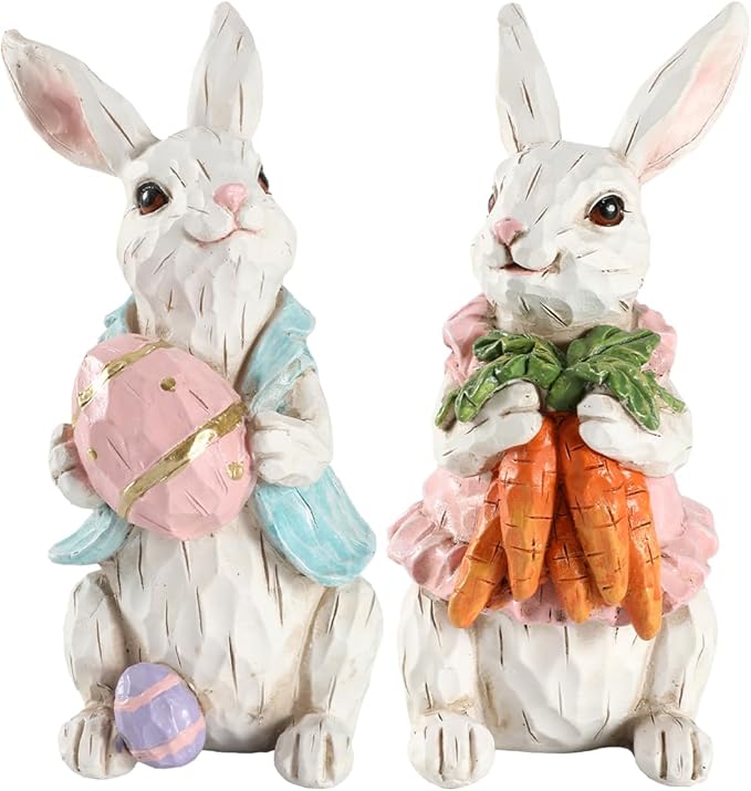 GoGnome Easter Bunny Figurines Set of 2 - Hand-Painted Resin Rabbit Decorations with Carrots and Easter Egg (White)