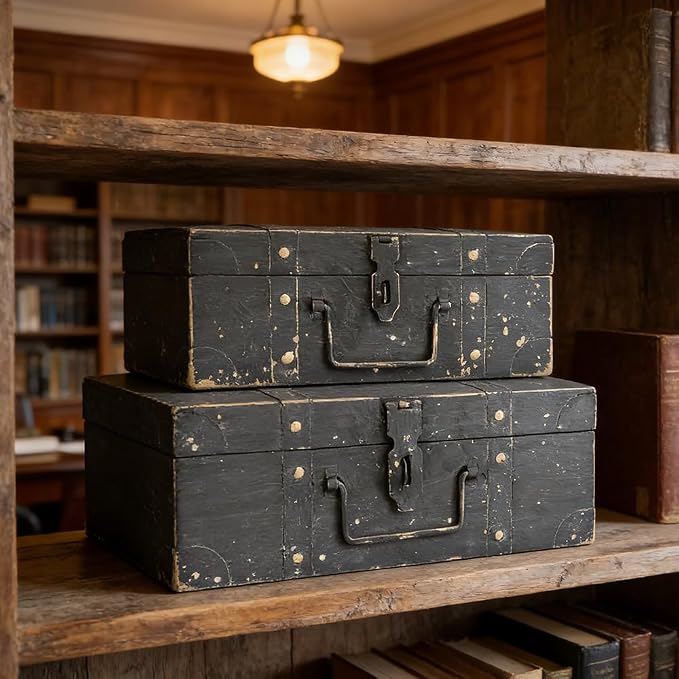 Vintage Metal Storage Trunks - Set of 2, Antique Decorative Storage Chests with Lids, Decorative Suitcase Boxes, Vintage Suitcases for Keepsakes and Home Decor, Black