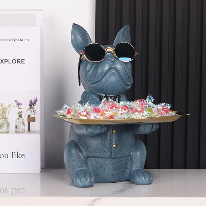 Modern Resin Blue Bulldog Statue Piggy Bank Key Holder Candy Jewelry Earrings Tray for Home Decor Modern Art Dining Table Decor Office