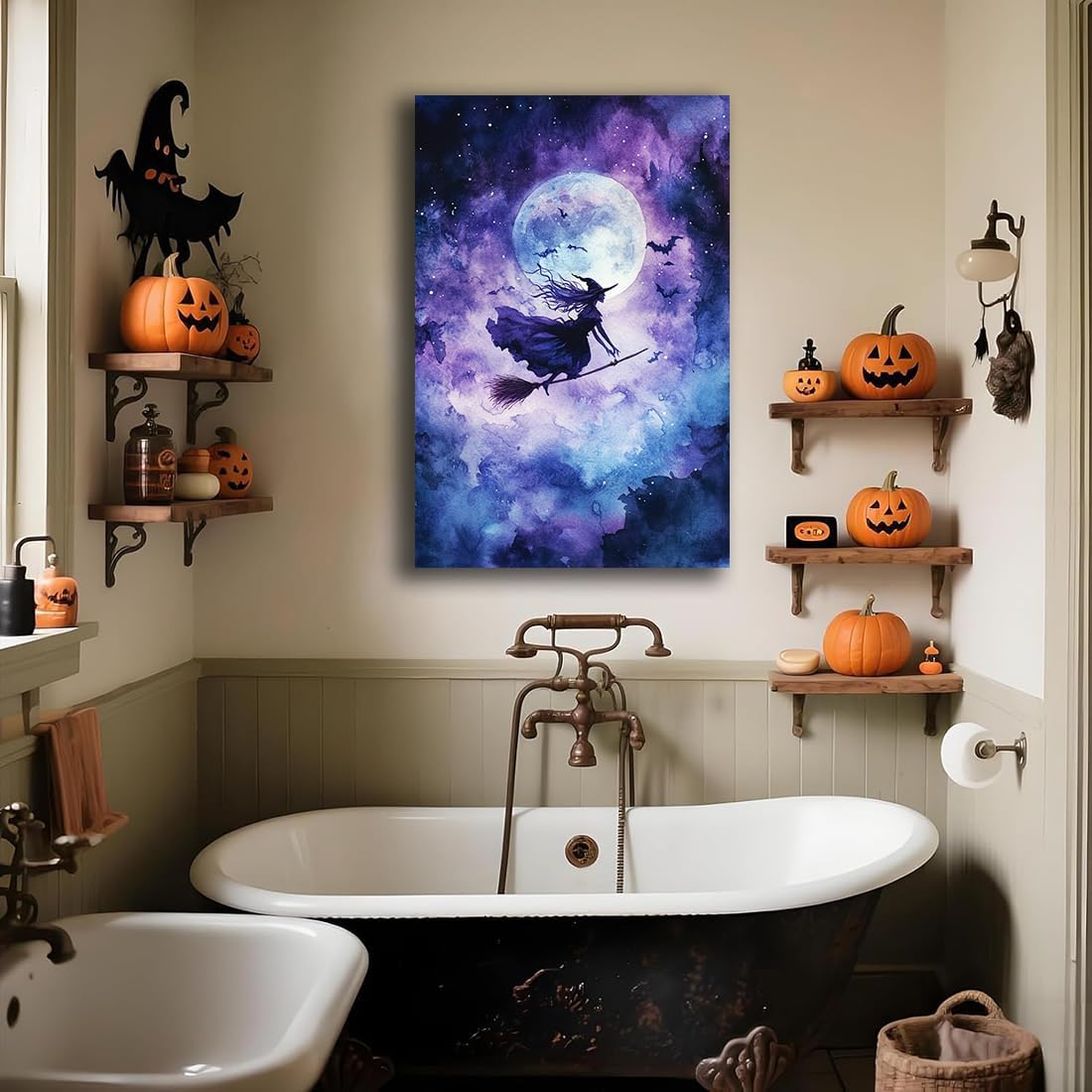 Witch On Broom Flying Wall Art,Gothic Halloween Canvas Wall Art,Victorian Witch Silhouette In Moonlight Broomstick Poster Pictures,Creepy Halloween Purple Night Sky Print,24"x36" Framed