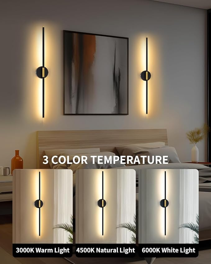 32" Battery Operated Wall Sconce Set of 2, Black Gold Wall Light | 350° Rotate, Wireless, Rechargeable, 8000mAh, Dimmable, 3000K-6000K, Remote & Touch Control, Timer, Living Room, Bedroom
