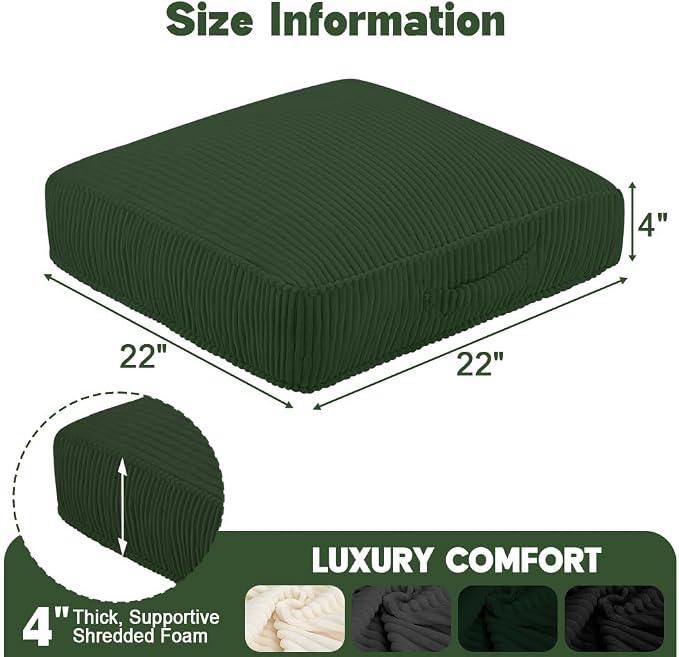 Floor Pillow for Adults, 4" Square Floor Cushions with Washable Cover, Large Corduroy Meditation Pillow, 22 inches Tatami Seat with Handle for Living Room or Yoga, Green