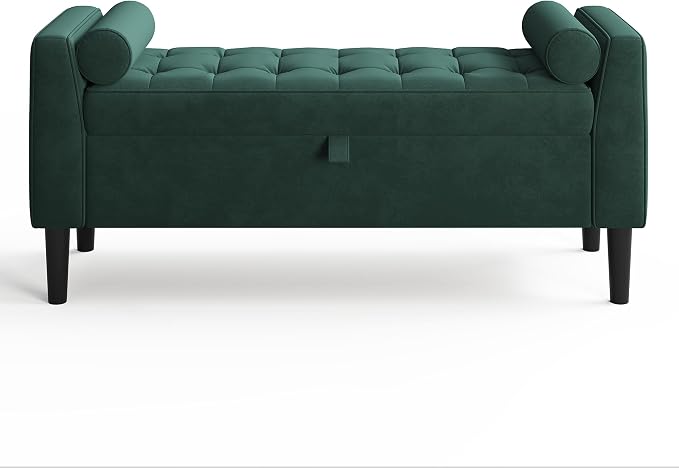 46.5" Storage Ottoman Bench – Upholstered End-of-Bed Storage Chest with Rolled Armrests & Wood Legs, Entryway Shoe Bench and Footrest Seat for Hallway, Bedroom & Living Room & Walk-in Closet (Green)