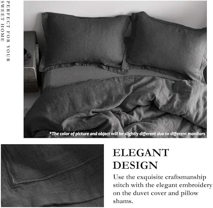 Simple&Opulence 100% Linen Duvet Cover Set with Embroidery Border Washed - 3 Pieces (1 Duvet Cover with 2 Pillow Shams) with Button Closure Soft Breathable Farmhouse - Dark Grey, Queen Size