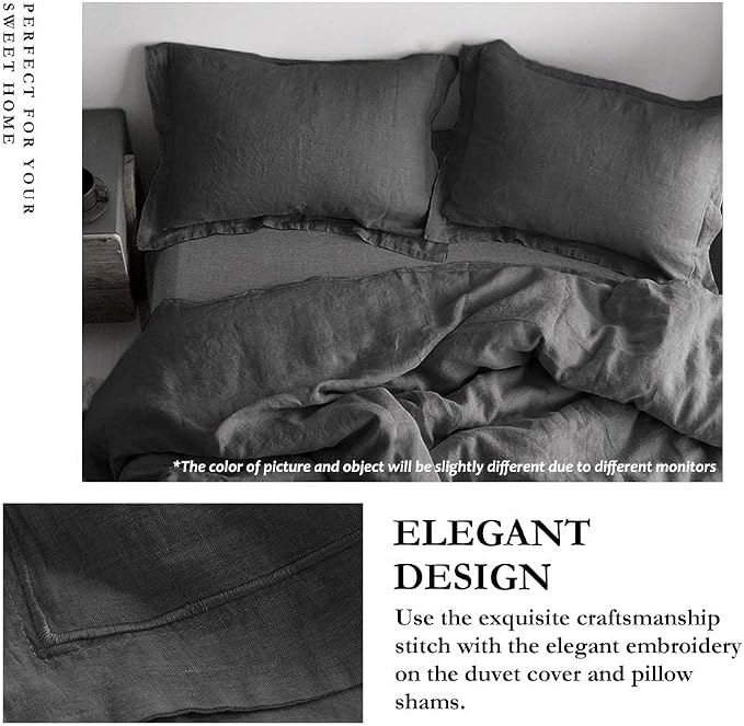 Simple&Opulence 100% Linen Duvet Cover Set with Embroidery Border Washed - 3 Pieces (1 Duvet Cover with 2 Pillow Shams) with Button Closure Soft Breathable Farmhouse - Dark Grey, Full Size