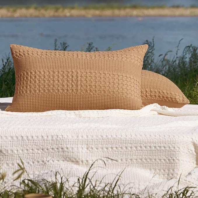 PHF 100% Cotton Waffle Pillow Shams Standard Size, 2 Pack 20" x 26" Soft Skin-Friendly Pillowcases, No Filling, Aesthetic Woven and Breathable Waffle Weave Pillow Case Covers for Bed, Clay