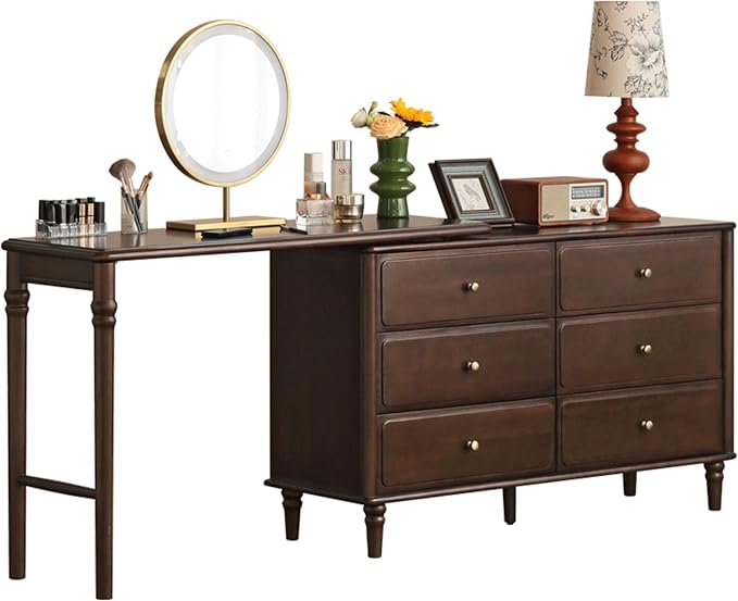 97" Large Vanity Desk with 6 Drawers, Poplar Wood Makeup Table for Bedroom, Space-Saving Narrow Design for Living Room, No Chair No Mirror