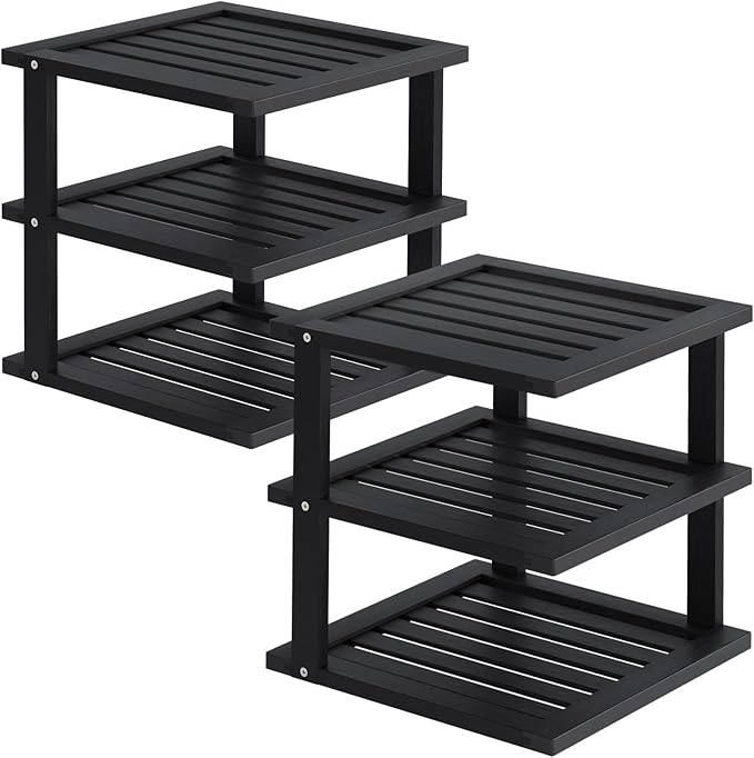 2 Pack Bamboo Corner Shelf,3 Tier Kitchen Cabinet Organizer for Plates and Dishes,Pantry Storage and Spice Rack（Black）
