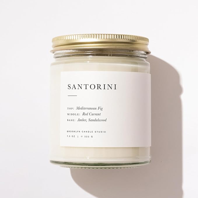 Brooklyn Candle Studio Santorini Jar Candle - Luxury Scented Candle, Vegan Soy Wax, Hand Poured in The USA, 50 Hour Slow Burn Time - 7.5oz