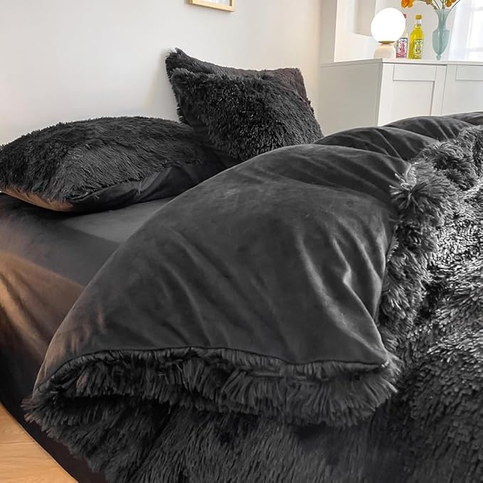 chovy Faux Fur Plush Black Comforter Sets Twin/Full Size - Ultra Soft Shaggy Flannel Velvet Fluffy Fuzzy 3PC Bedding Set （Comforter x 1 Pillowcases x 2）