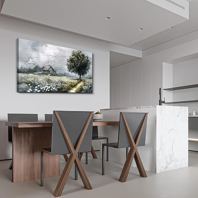 ERQINHUA Gray Canvas Wall Art For Living Room Farmhouse Wall Decor For Bedroom Office Decorations Field scenery Paintings Tree Landscape Wall Pictures Artwork Ready to Hang for Home Decor 20"X40"