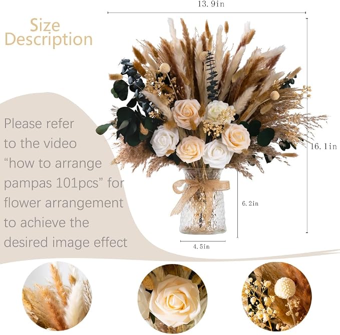 101pcs Artificial Flowers in Vase Natural Dried Pampas Grass Decor with Vase Boho Home Decor Bouquet Bunny Tails Dried Flowers, Reed Grass Bouquet for Wedding Floral Arrangements (101pcs)