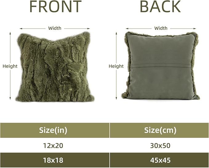 Genuine Rabbit Fur Throw Pillow Covers Set of 2,Luxury Decorative Pillowcases Soft Fluffy Animal Skin Accents Square Cushion Cover for Couch Sofa Bedroom Living Room Home,18x18 inch,Green