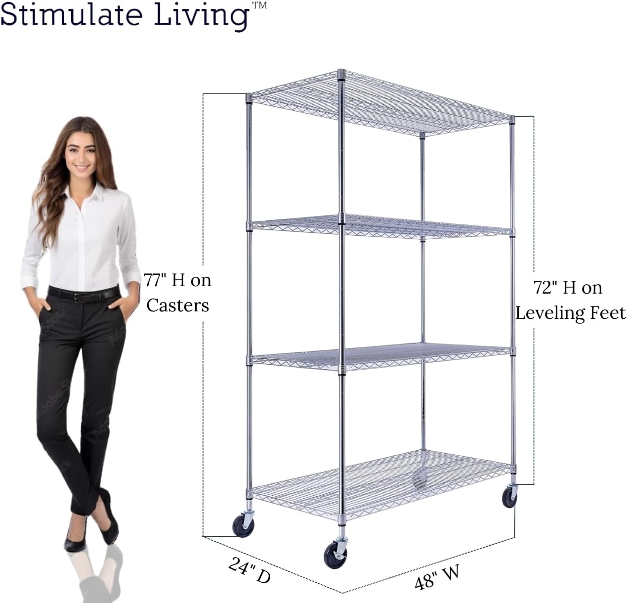 48"x24"x72" Prime Heavy Duty Chrome 4-Tier Wire Shelving NSF 3200 LBS MAX Capacity Storage Rack for Commercial, Hospital, School, Garage, and Kitchen Uses (with Wheels)
