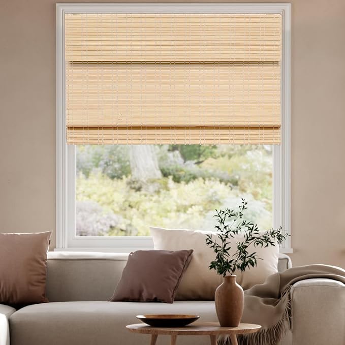 Cordless Bamboo Roman Shades, Light Filtering Bamboo Shades Blinds Window Treatment Roll Up Blind for Windows, 36" W x 64" H, Beige