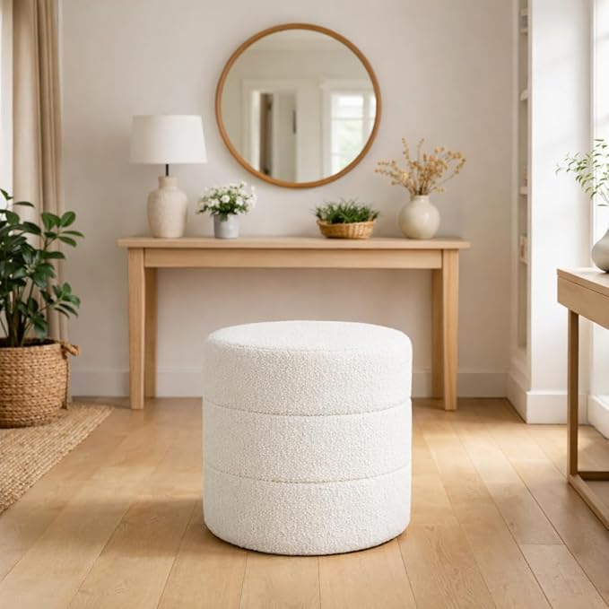 HomePop Upholstered Round Ottoman (No Lid, Seat Only) | HomePop Home Décor | Round Pouf Foot Rest – Cream Boucle