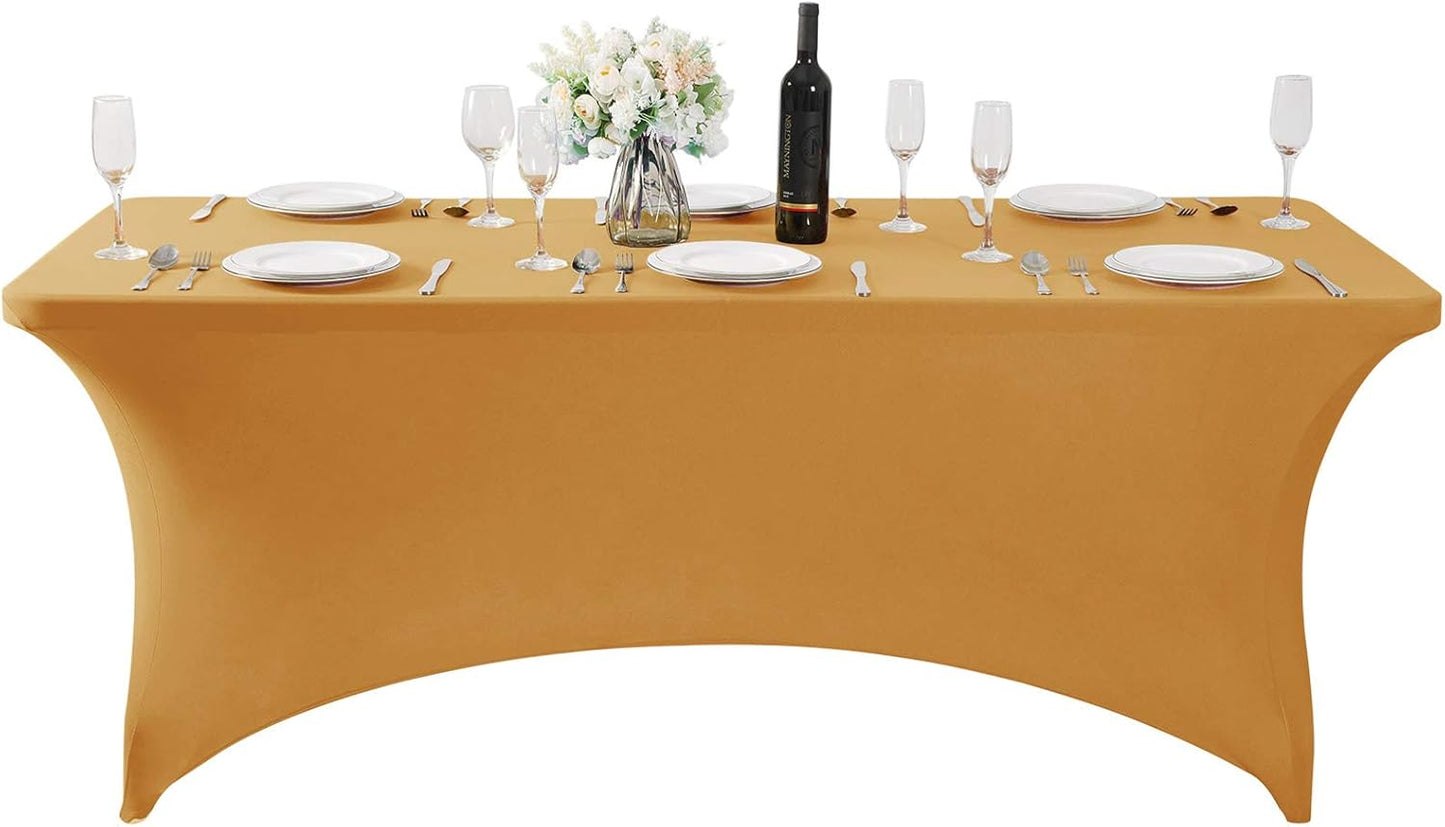 SuperO Waterproof Spandex Table Cover for 6FT Table Universal Fitted Stretch Tablecloth for Party, Banquet, Wedding and Events-Gold