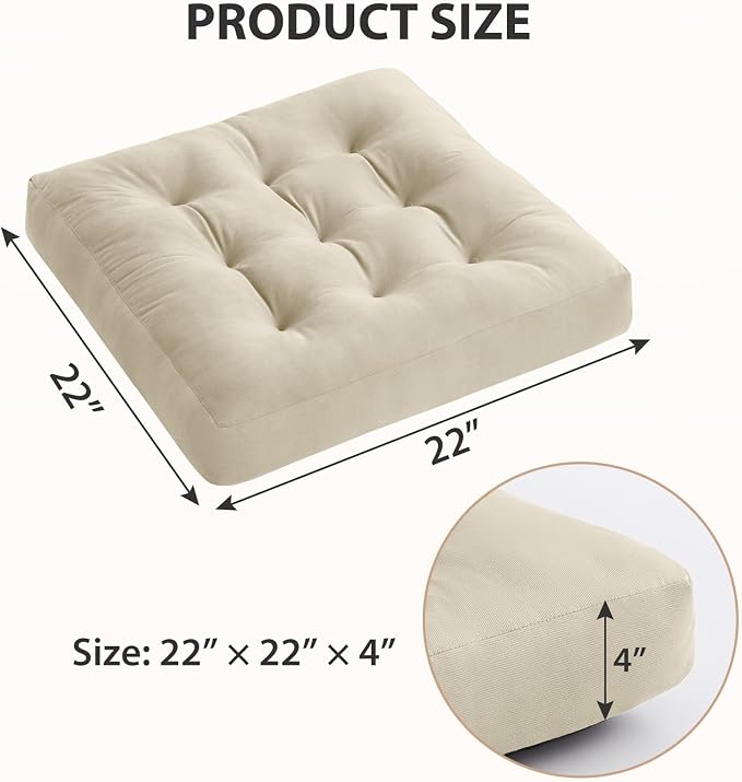 Meditation Floor Pillow Set of 2, Square Large Pillows Seating for Adults, Meditation Cushion Pillow,Tufted Corduroy Cushion for Tatami Living Room or Yoga, Beige, 22x22 Inch