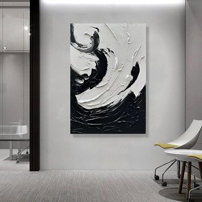 NANKAI Art 40x28 inches Hand-Painted Modern Wall Decorative Oil Painting Minimalist Style Art Black and White Abstract Thick Texture Painting Home Wall Decorative Painting